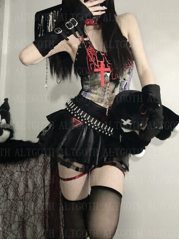 Sonicelife Emo Alt Gothic Pu Skirt Women Streetwear Harajuku Grunge Mesh Patchwork with Belt Mini Skirt Nightclub Sexy Rave Outfits
