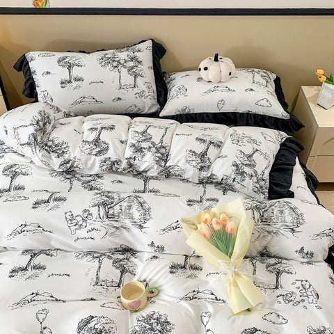 Sonicelife Ink Style A-class Skin Friendly Washed Cotton Four Piece Set With Lotus Leaf Lace Bedding, Bedsheet, Duvet Cover, Single Bed