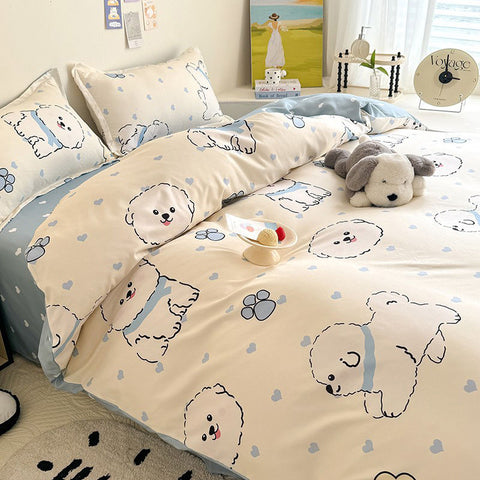 Sonicelife Cute Dog Bedding Set No Filler Ins Cream Blue Duvet Cover Flat Sheet Pillowcase Kids Adults Fashion Soft Comforter Cover