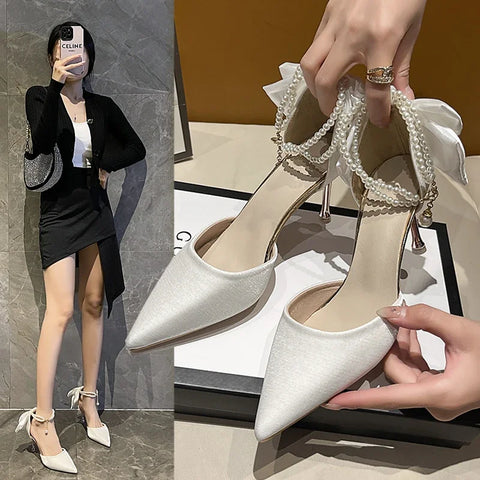 Sonicelife New Women Thin Heel Hollow Sandals Woman Pearl Butterfly Pointed Toe High Heels Womens Shoe Wedding Shoes