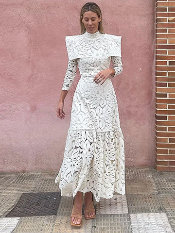 Sonicelife Elegant Hollowed Lace Maxi White Dress Women Fashion Mock Neck Long Sleeved Shoulder Padded Robes 2025 Evening Women's Clothing