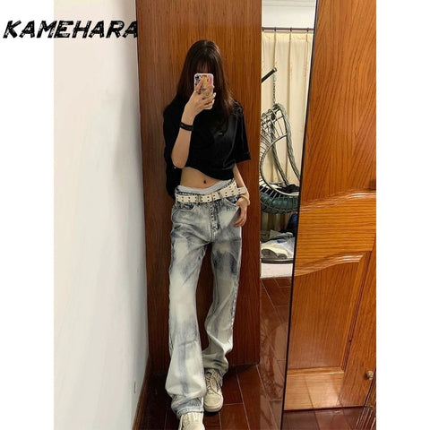 Sonicelife American High Street Vibe Style Pants Tie Dye Jeans for Women Loose Fit Slimming Straight Leg Wide Leg Pants Ins Female