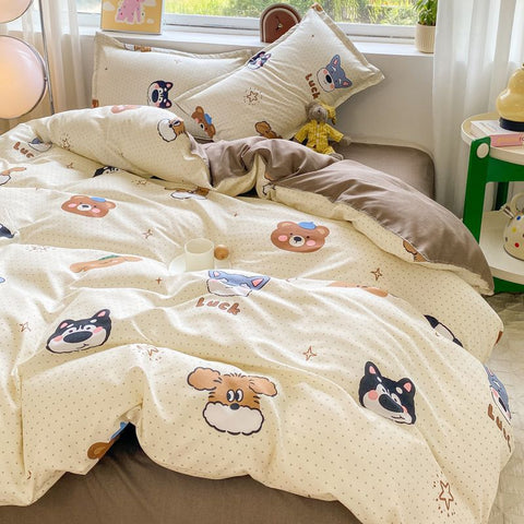 Sonicelife Cute Dog Bedding Set New Design Girls Ins Duvet Cover with Zipper No Filler Flat Sheet Pillowcase Queen Size Bed Linens