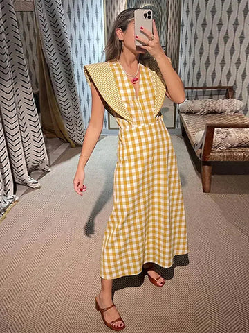 Sonicelife Fashion Plaid Print Flying Sleeve Long Dress Women V-neck Sleeveless High Waist Female Dresses 2024 Summer Lady Holiday Robe New