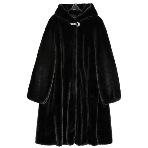 christmas outfit Sonicelife Winter Elegant Long Black Thick Warm Fluffy Faux Mink Fur Coat Women with Hood Plus Size Fluffy Jacket 5xl 6xl 7xl