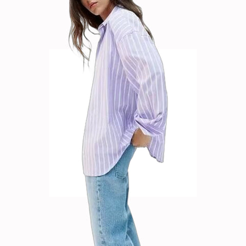 Sonicelife Women's Striped Shirt Oxford Fabric Simple Casual Versatile Single Breasted Long Sleeved Top New
