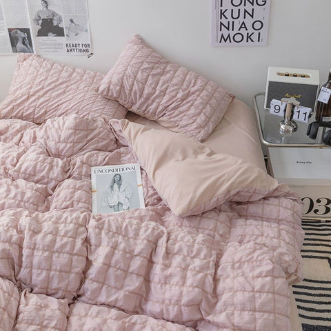 Sonicelife INS Girl Blue Bedding Sets Solid Color Seersucker Ruffles Lace  Kawaii Soft Sheet Woman Duvet Cover Pillow Covers Quilt Cover
