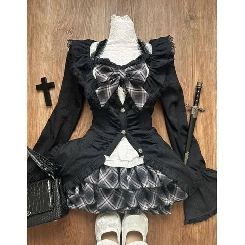 Sonicelife Y2k Gothic Sweet 3 Piece Set Autumn Casual Long Sleeve Cardigan + Slim Lace Bow Vest + Plaid Mini Cake Skirt Women Outfits New