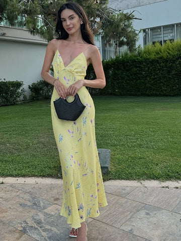 Sonicelife Sexy Print Sling Long Dress Women Slim V-neck Sleeveless Backless Female Dresses 2024 Summer Elegant Lady Vacation Floral Robes