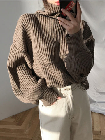 Sonicelife Korean Simple Turtleneck Sweaters Women Lazy Wind Loose Long Sleeve Office Lady Knitted Pullovers Solid Vintage Autumn Tops