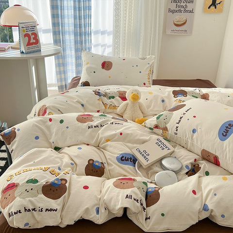 Sonicelife Ins Korean Cartoon Little Bear Cute Bedding Set Autumn Winter Polyester Bed Sheet Pillowcase Twin Full Queen Size Quilt Cover