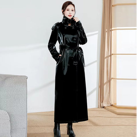 christmas outfit Sonicelife Autumn Waterproof Extra Long Black Reflective Shiny Patent Pu Leather Trench Coat for Women Belt Runway Y2K Clothes