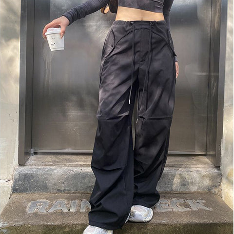 Sonicelife Y2K Aesthetic Cargo Pants Women High Waist Drawstring Casual Straight Pants Vintage Streetwear All Match Wide Leg Trousers