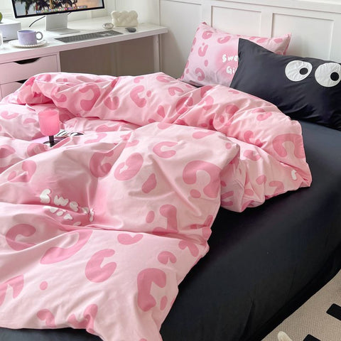 Sonicelife Princess Style Bedding Set Girls Twin Queen Full Size Duvet Cover Set Bed Flat Sheet Pillowcase Kids Adult Pink Letter Bed Linen