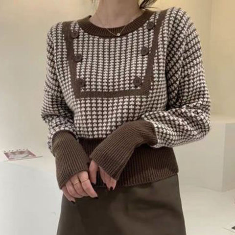 Sonicelife Houndstooth Vintage Sweaters Women Long Sleeve Casual Patchwork Knitted Jumpers Korean Loose O Neck Retro Buttons Pullovers
