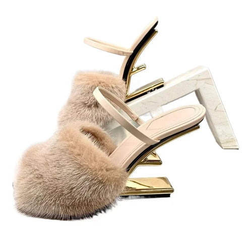 Sonicelife Fashion Women Fur Slippers Sexy Peep Toe Gladiator Sandals Dress Pumps Spring Summer Strange Heel Mules High Heel Wedge Shoes