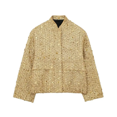 christmas outfit Sonicelife Women's Sequined Bomber Jacket Fall O Neck Long Sleeve Gold Sequins Jacket Coat Female Glitter Chic Outerwear