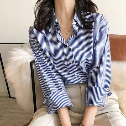Sonicelife Chic Korean Striped Women Shirts Fall Long Sleeve Office Ladies Shirt Blue Elegant Button Up Female Tops New