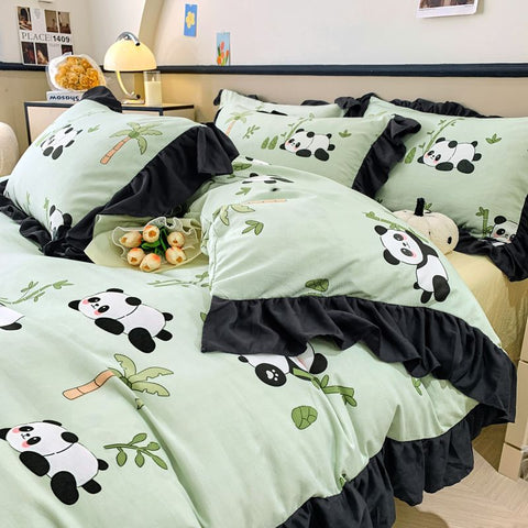 Sonicelife Ink Style A-class Skin Friendly Washed Cotton Four Piece Set With Lotus Leaf Lace Bedding, Bedsheet, Duvet Cover, Single Bed