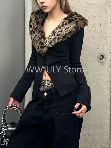 Sonicelife Leopard Cardigan Women Japanese Gyaru V-neck Long Sleeve Streetwear Slim Sexy Cardigan Sweater Y2k Vintage Top Autuam