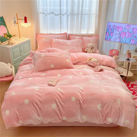 Sonicelife Winter Double-Sided Milk Coral Fleece Bedding Four-Piece Set Thickened Plush Quilt Three-Piece Flannel Warm Duvet Cover Set