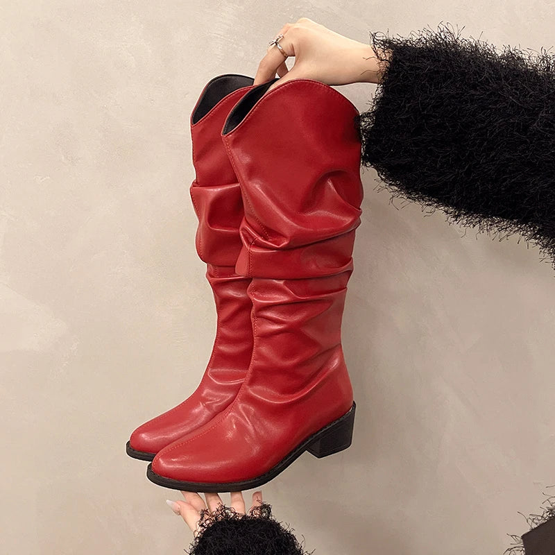Sonicelife Knee High Mid Heels High Boots Woman New PU Leather Shoes 2025  Trend Fashion Pleated Punk Waterproof Botas Pumps Mujer Zapatos