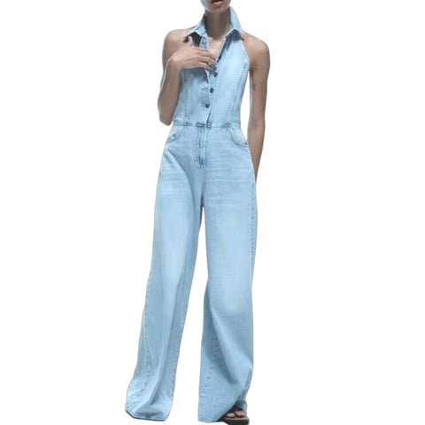 Sonicelife Women's Denim Jumpsuit with Hanging Neck Single Breasted Design Fashionable and Sexy Temperament Hanging Back New