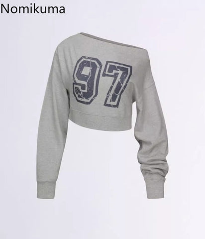 Sonicelife Y2k Hoodies for Women Letter Print Off Shoulder Crop Tops 2025 Ropa Mujer Long Sleeve Fashion Sweatshirts Sexy Casual Hoodie