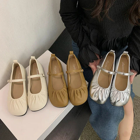 Sonicelife 2024 Autumn Women Flat Shoes Fashion Pleated Round Toe Shallow Slip on Ballet Shoes Flat Heel  Soft Ballerina Mary Jane Shoes