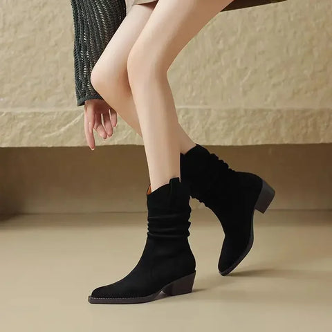 Sonicelife 2025 New Mid-Calf Women's Boots Fashion Slip-on Modern Boots  Hot Sale Round Toe Square Heel Shoes