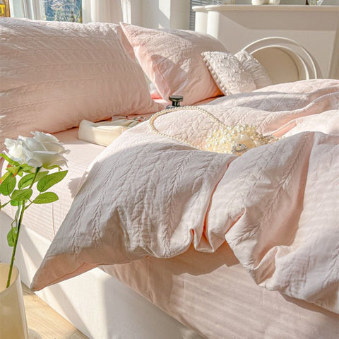 Sonicelife ins Princess Style Bed Four-Piece Set Knitted Washed Cotton Bed Sheet Quilt Cover Set Three-Piece Set Girls Bedding Set