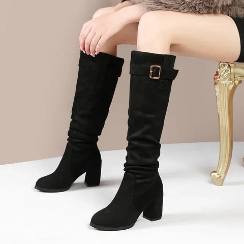 Sonicelife Female Shoes on Sale 2025  High Quality Sleeve Women's  Winter Pointed Toe Suede Solid High Tube Chunky Heels Fashion Boots