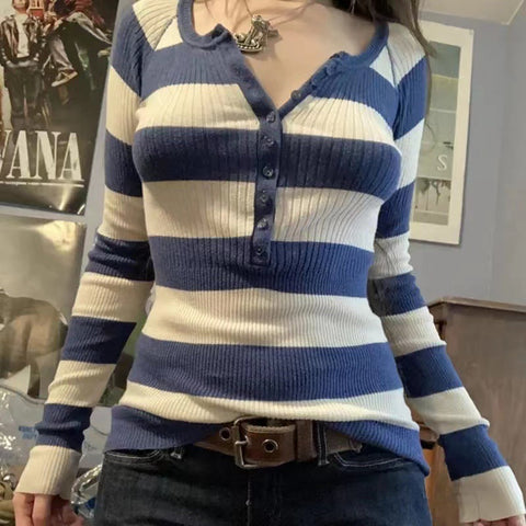 Sonicelife Striped Button Up Ribbed Knit Top