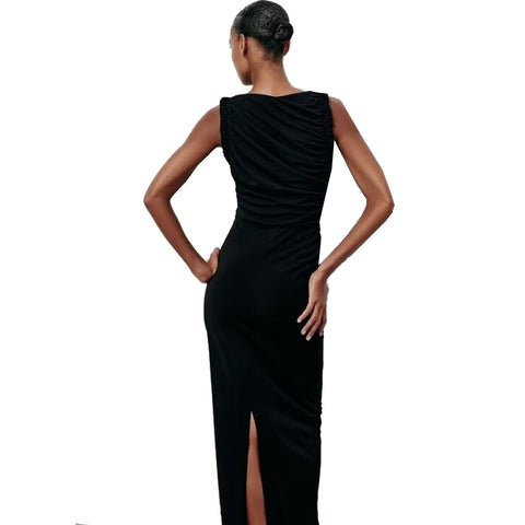 Sonicelife Women's Sleeveless Long Dress with Wooden Ear Lace Folding and Split, Monochromatic, Midlength, Mid Length, New