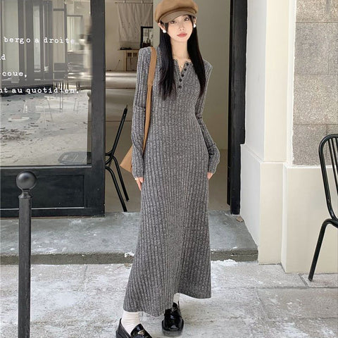 Sonicelife Vintage Long Sleeve Dresses Women Elegant Slim Knitted Basic Long Dresses Autumn Winter New Warm All Match Female Base Vestidos