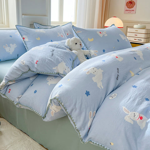 Sonicelife Cute Bear Double Layer Yarn Quilt Cover Bed Sheet Pillowcase Twin Queen Size Bedding Set Girls Kids Duvet Cover Set No Filler