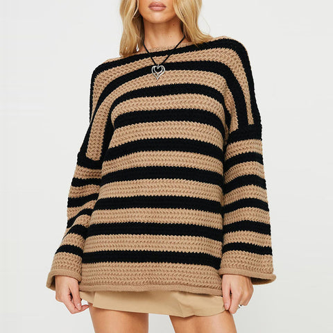 Black Friday Sonicelife Casual Knitted Striped Sweaters Women Vintage Loose Long Sleeve Pullover Sweater Female Autumn Thick Soft Versatile Knitwear