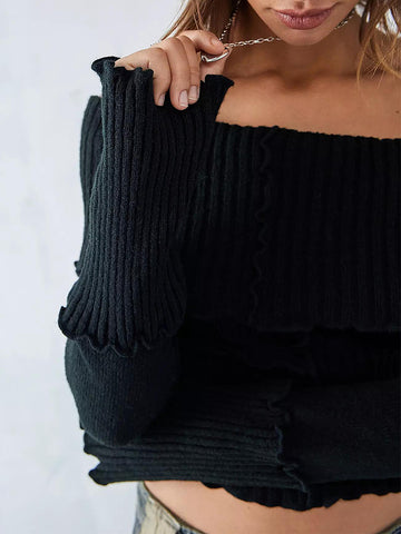 thanksgiving outfit Sonicelife Women s Off-Shoulder Cropped Tops Ribbed Knit Long Sleeve Lettuce Edge Trims Sweater Slim Fitted Y2K Knitwear