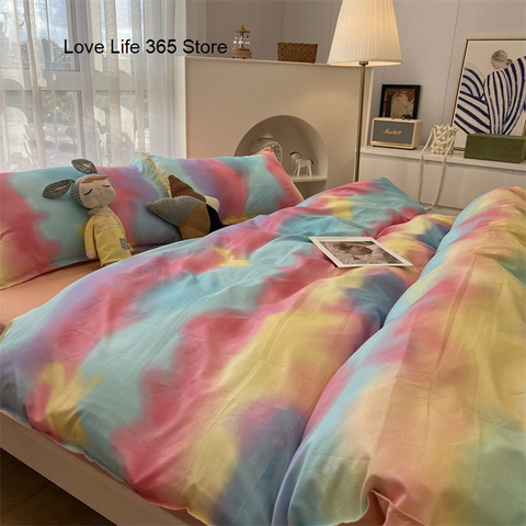 Sonicelife INS Tie-dye Gradation Bedding Set Korean Style Girls Boys Double Size Flat Sheet Duvet Cover Pillowcase Bed Linen Home Textile