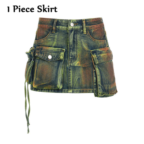 Sonicelife Y2k Fashion Women Multi-pockets Denim Cargo Skirts Tie Dye Denim Mini Skirt Streetwear Lady Hiphop Bodycon Skirts Party Summer