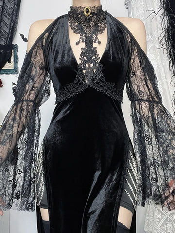 Sonicelife Vintage Gothic Lace Smock Women Sexy Streetwear Aesthetic Dark Punk Y2k Alt See Through Flare Sleeve Crop Blouse Female