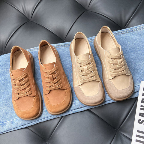 Sonicelife Woman's Winter New Leather Lace Up Plush Warm Flat Sole Cotton Shoe Soft  Non Slip Widened Round Toe Mom's  Shoes