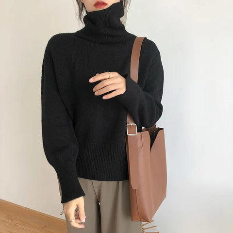 Black Friday Sonicelife Zoki Autumn Warm Turtle Neck Sweater Women Fashion Korean Solid Knitted Basic Pullovers Loose O Neck Long Sleeve Female Jumper