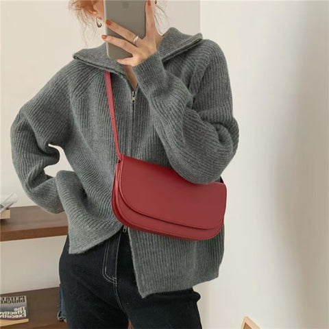 Sonicelife Vintage Zipper Women Cardigan Sweaters Korean Casual Long Sleeve Lazy Wind Knitted Coat Fall Retro Turn Down Collar Tops