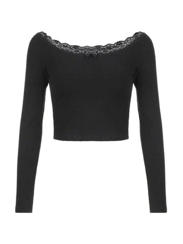 Sonicelife-Off Shoulder Lace Splice Bow Decor Long Sleeve Tee