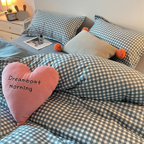 Sonicelife Ins Diamond Lattice Bedding Set Fashion Design Quilt Cover Solid Flat Sheet Queen Double Full Size With Pillowcases Home Textile