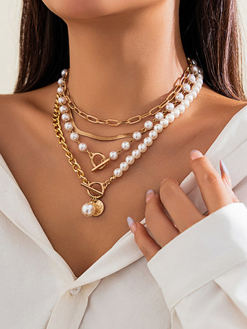 Sonicelife-Pearl Decor Chain Layered Necklace