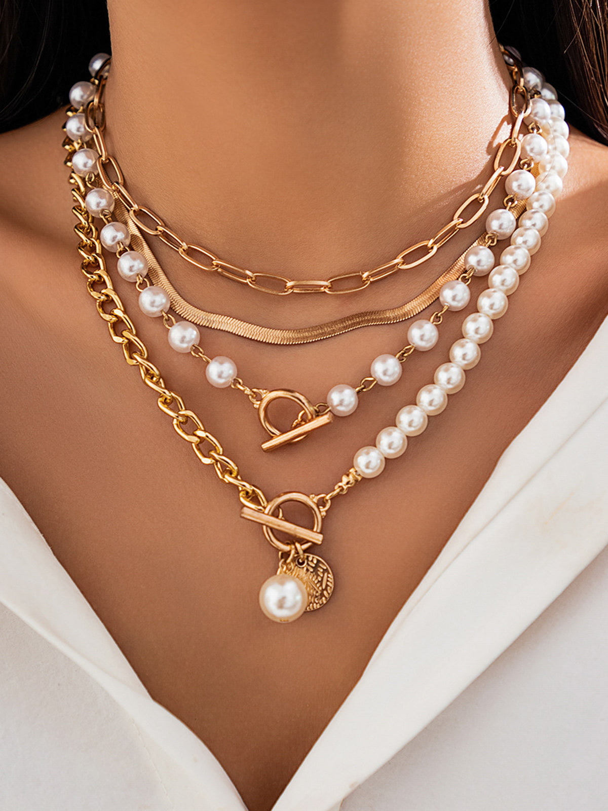 Sonicelife-Pearl Decor Chain Layered Necklace