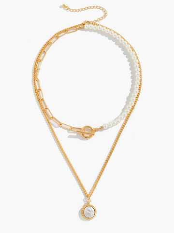 Sonicelife-Faux Pearl Disc Pendant Necklace