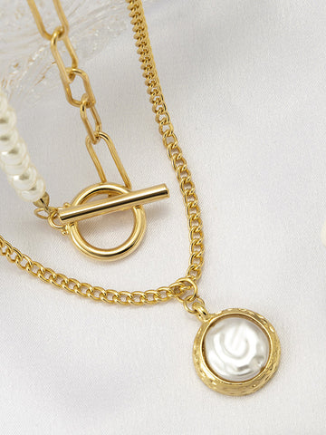 Sonicelife-Faux Pearl Disc Pendant Necklace